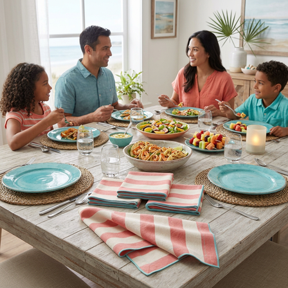 Coral Stripe Napkin Quartet American family setting