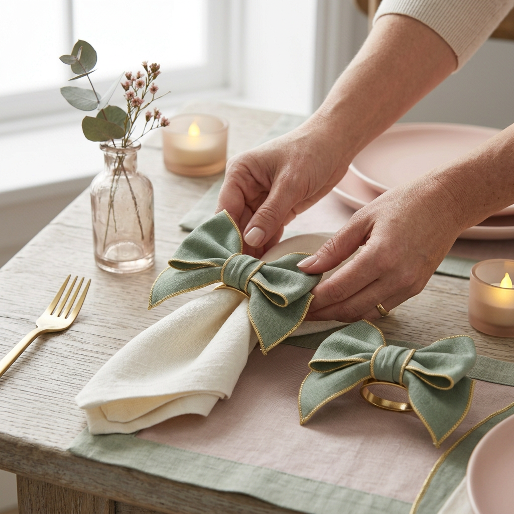 Sage Ribbon Napkin Ring Duo placement