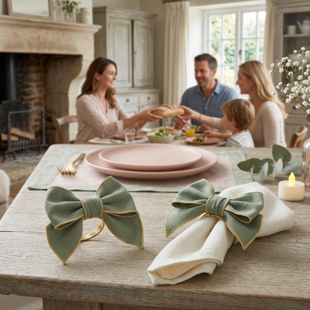 Sage Ribbon Napkin Ring Duo European family setting