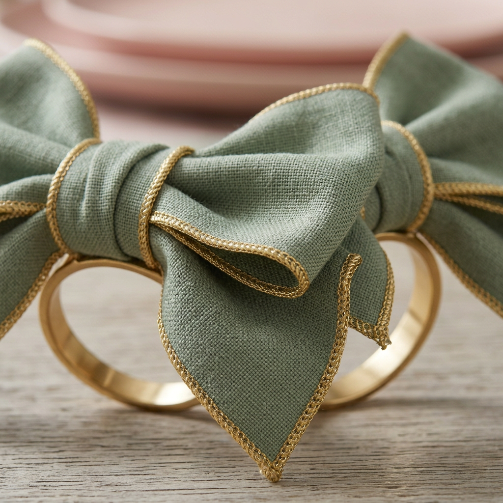 Sage Ribbon Napkin Ring Duo bow detail
